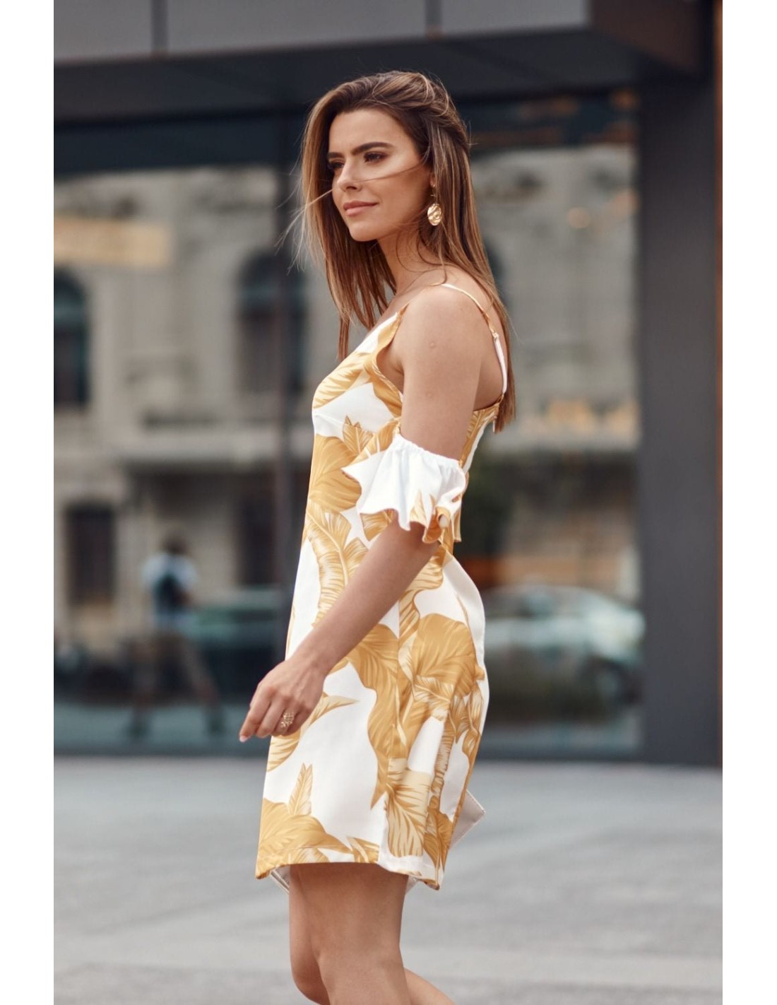 Cream dress with straps and sleeves with yellow leaves PR3215 - Online store - Boutique